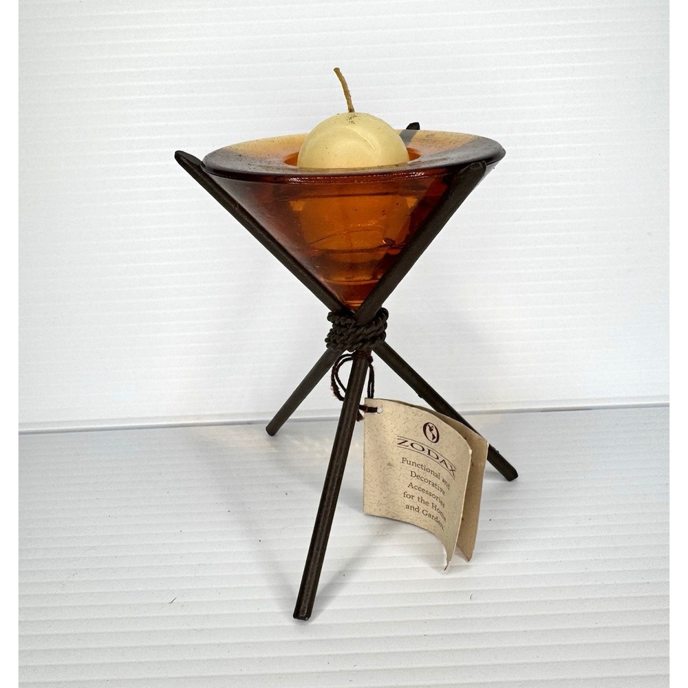 Zodax Amber Cone Glass 6" Votive Candle Holder Decorative Metal Stand Modern
